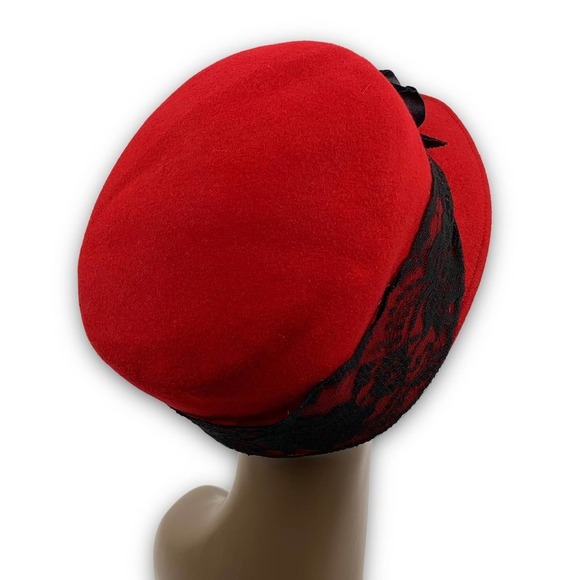 1960's BOLLMAN HAT Co. via KOKIN red wool black rose and lace cap - Picture 11 of 16